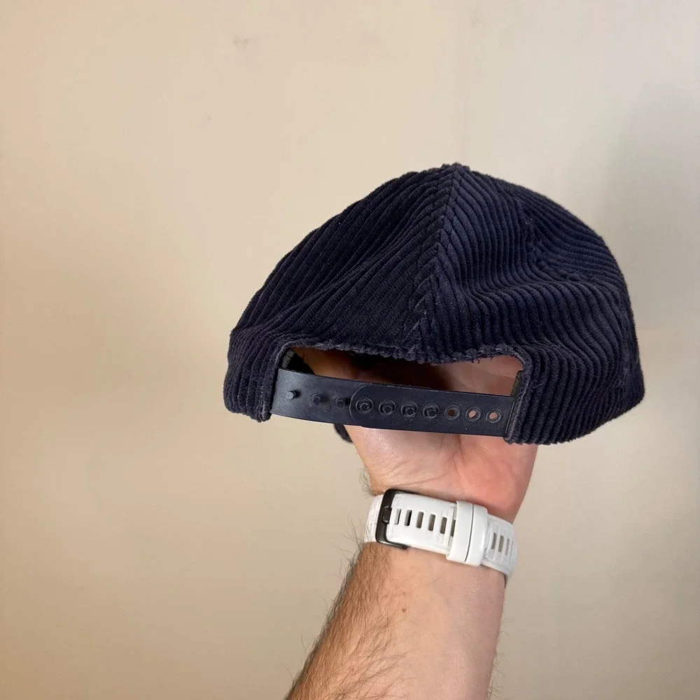 Vintage Quiksilver‎ Boardshort Co Navy Blue Corduroy Snapback Hat Orange Logo